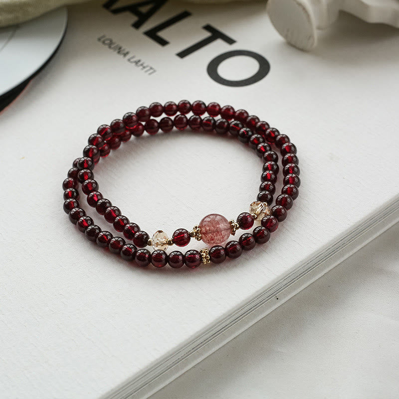 Stone of buddha 14K Gold Plated Natural Garnet Strawberry Quartz Stability Double Wrap Bracelet