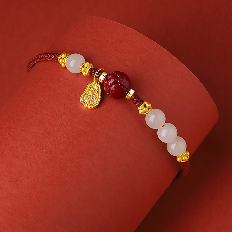 Stone of buddha 24K Gold Plated Hetian White Jade Cinnabar Lotus Luck Rope Bracelet