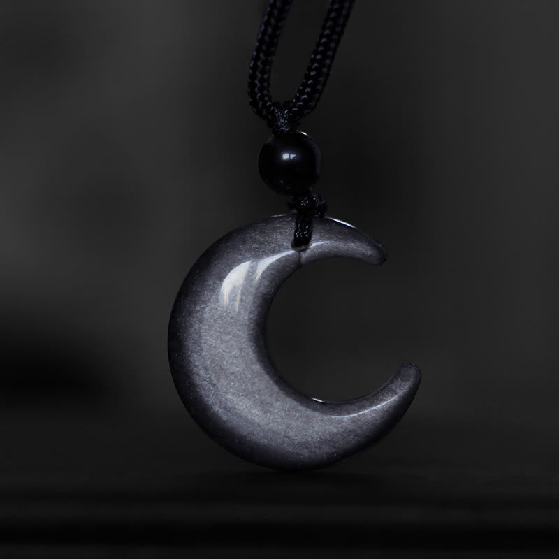 Stone of buddha Natural Silver Sheen Obsidian Selenite Crystal Crescent Moon Yin Yang Couple Protection Necklace Pendant