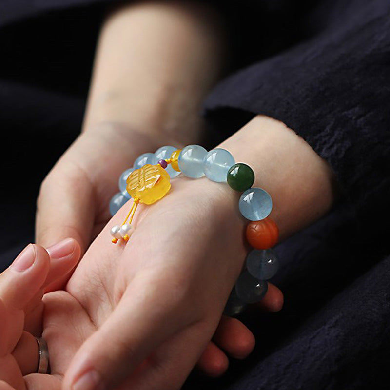 Stone of buddha Natural Aquamarine Amber Chinese Knotting Charm Peace Bracelet