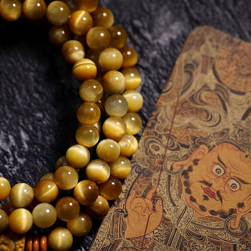 Stone of buddha 108 Mala Beads Natural Tiger Eye Copper Dorje Protection Tassel Bracelet