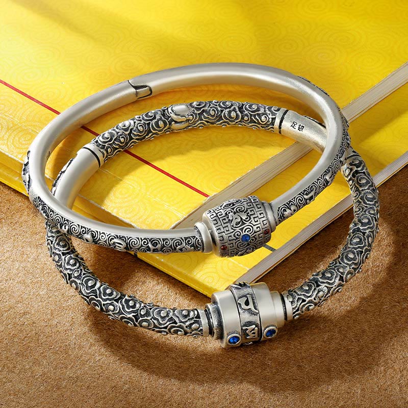 Stone of buddha 990 Sterling Silver Tibetan Auspicious Clouds Om Mani Padme Hum Engraved Creativity Bracelet Bangle