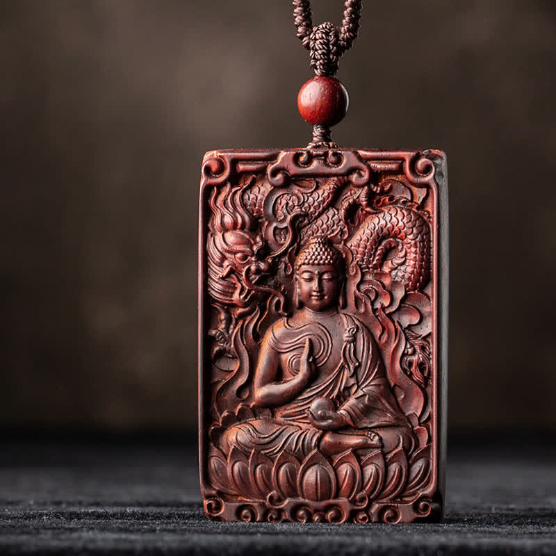 Stone of buddha Chinese Zodiac Natal Buddha Small Leaf Red Sandalwood Protection Necklace Pendant