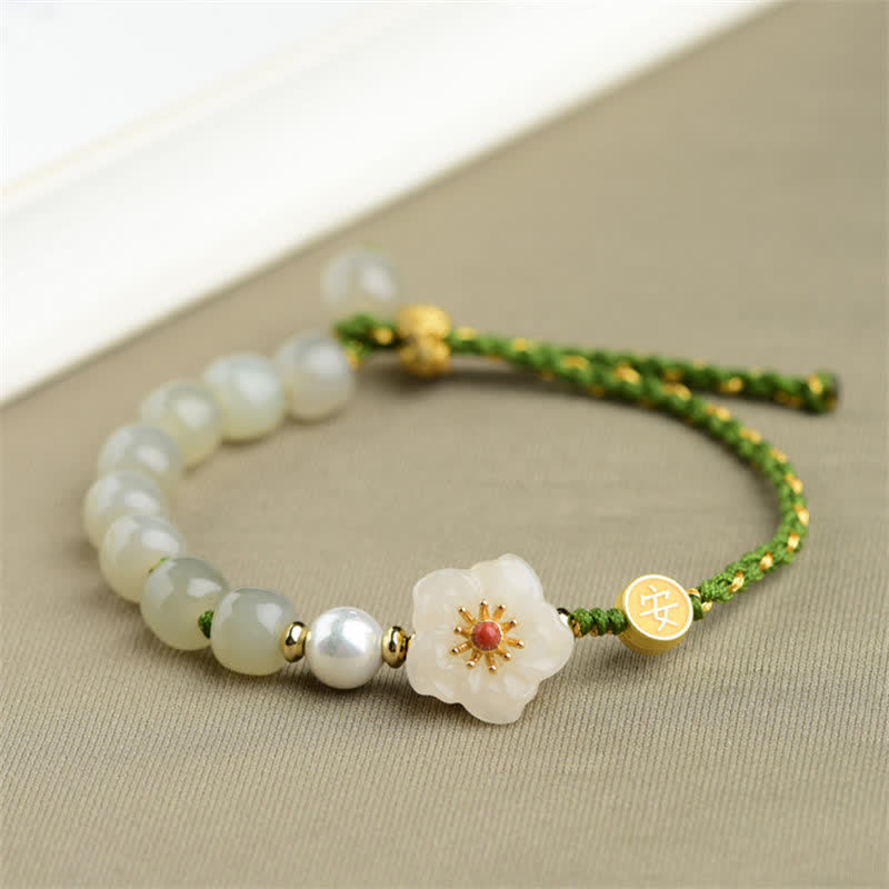 Stone of buddha 925 Sterling Silver Natural Hetian Jade Peach Blossom Luck Bracelet