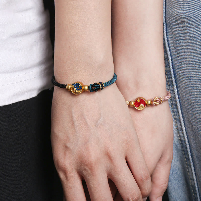 Stone of buddha Handmade Mountain and Sea Engraved Luck Two-Color String Couple Bracelet