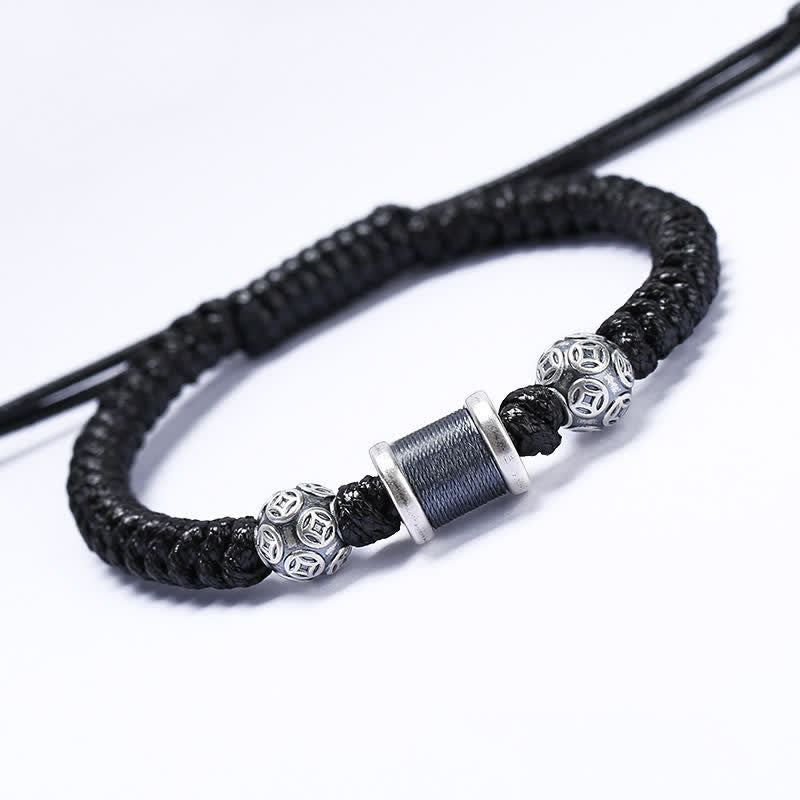 Stone of buddha 999 Sterling Silver Copper Coin Bead Copper Balance Braided String Bracelet