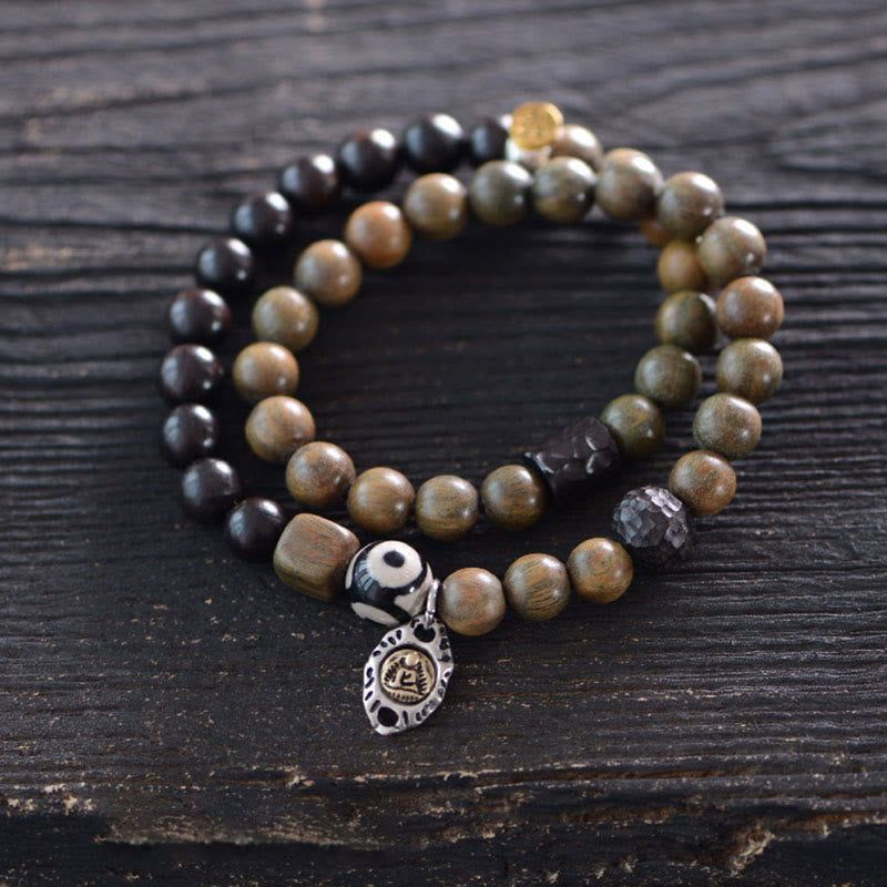 Stone of buddha Tibetan Green Sandalwood Ebony Wood Three-eyed Dzi Bead Fu Character Balance Peace Double Wrap Bracelet
