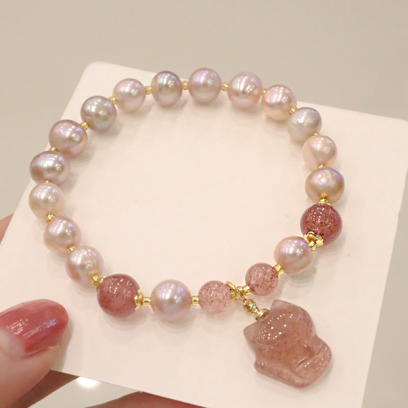 Stone of buddha Natural Pearl Strawberry Quartz Cute Fox Love Healing Charm Bracelet