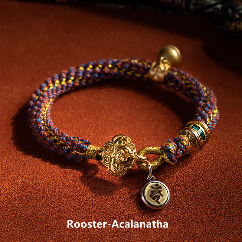 Stone of buddha 925 Sterling Silver Chinese Zodiac Natal Buddha Om Mani Padme Hum Luck Bell Braided String Bracelet
