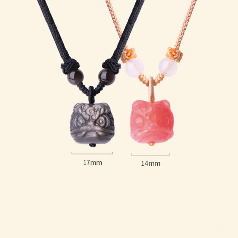 Stone of buddha Natural Silver Sheen Obsidian Red Agate Dancing Lion Protection Necklace Pendant