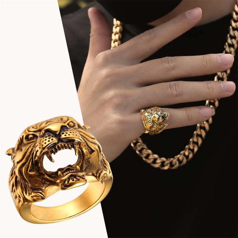Stone of buddha Men's Animal Tiger Head Titanium Steel Balance Calm Punk Rock Biker Ring
