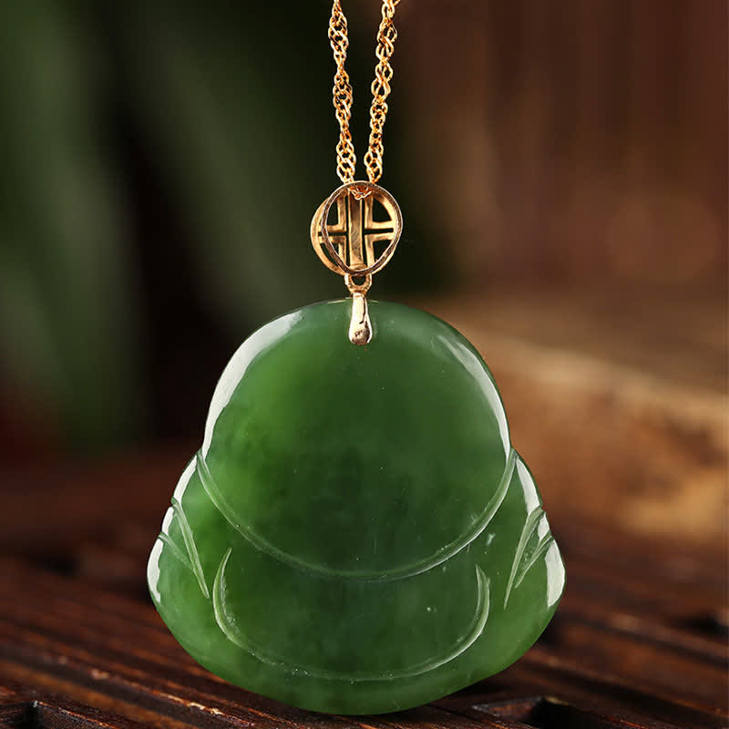 Stone of buddha 925 Sterling Silver Laughing Buddha Hetian Cyan Jade 18K Gold Success Necklace Chain Pendant