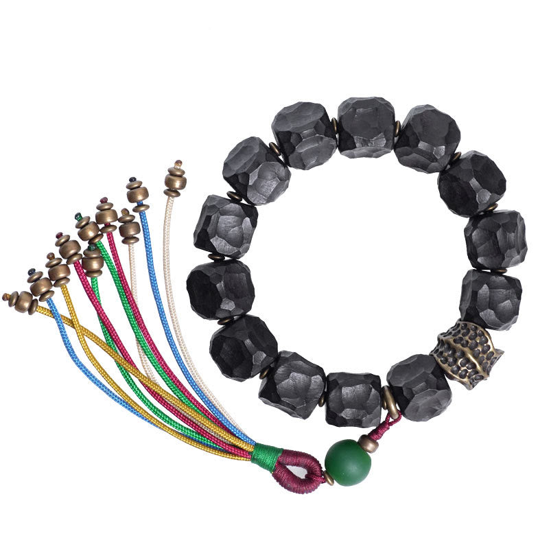 Stone of buddha Tibet Ebony Wood Copper Peace Tassel Wrist Mala Bracelet