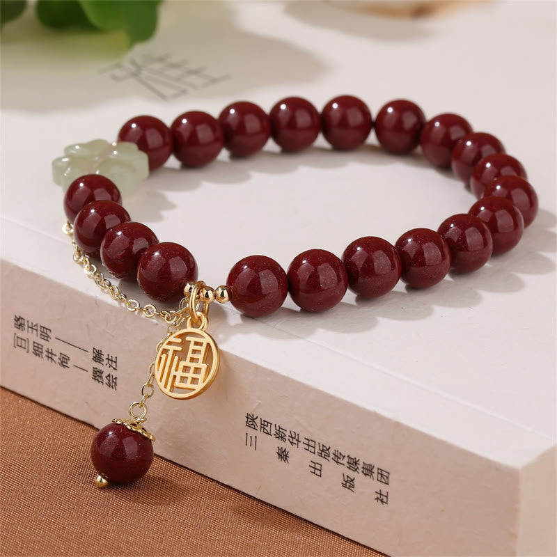 Stone of buddha Cinnabar Fu Character Hetian Jade Lucky Four Leaf Clover Blessing Bracelet