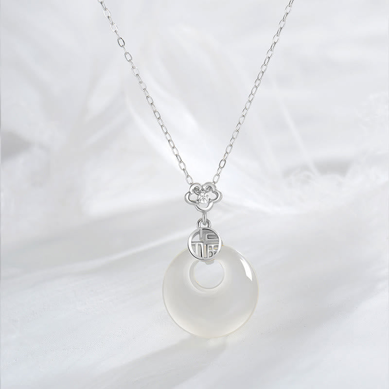 Stone of buddha 925 Sterling Silver White Agate Fu Character Happiness Luck Necklace Pendant