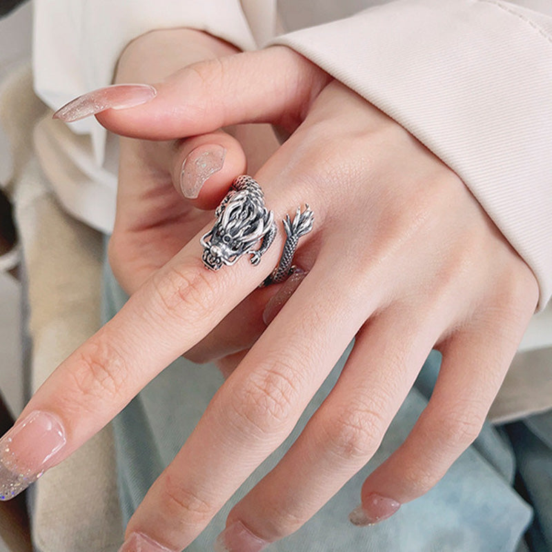 Stone of buddha Vintage 925 Sterling Silver Year Of The Dragon Design Luck Metal Ring