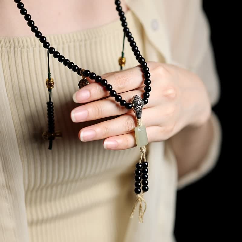 Stone of buddha Tibetan Black Onyx Hetian Jade 108 Mala Beads Fortune Bracelet