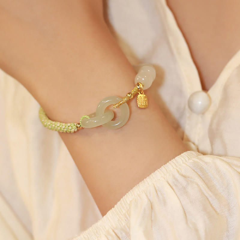 Stone of buddha Natural Hetian Jade Bead Double Peace Buckle Fu Character Abundance Braided Bracelet