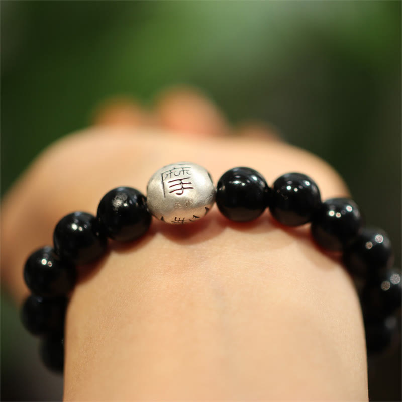 Stone of buddha 925 Sterling Silver Black Onyx Bead Character Engraved Protection Bracelet