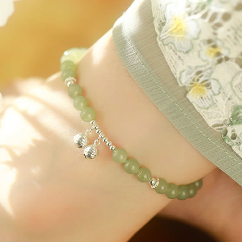 Stone of buddha 925 Sterling Silver Natural Hetian Jade Prosperity Bell Charm Anklet
