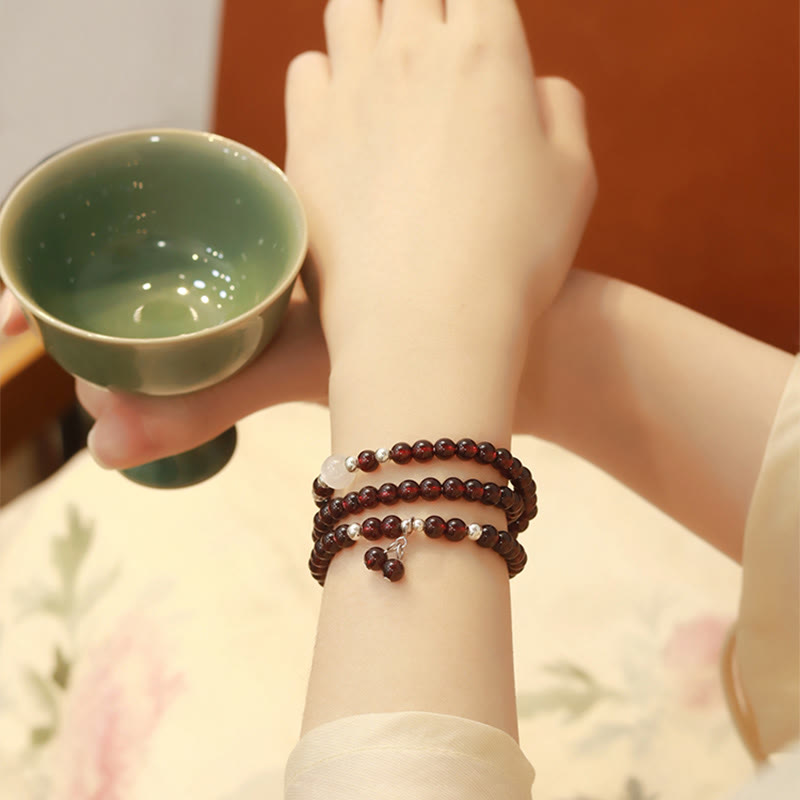 Stone of buddha 925 Sterling Silver Natural Garnet Cat Eye Protection Triple Wrap Bracelet