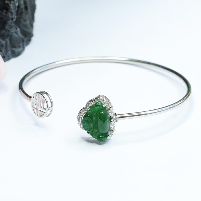 Stone of buddha 925 Sterling Silver Laughing Buddha Jade Luck Bracelet Bangle