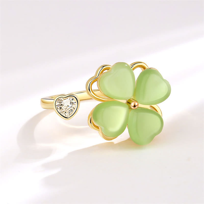 Stone of buddha Cat's Eye Four Leaf Clover Zircon Love Rotatable Ring