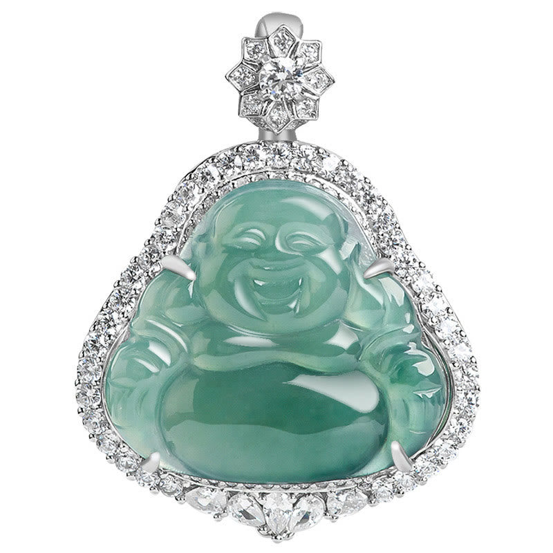 Stone of buddha 925 Sterling Silver Laughing Buddha Natural Jade Luck Abundance Chain Necklace Pendant