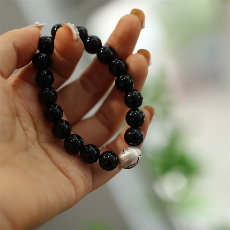 Stone of buddha 925 Sterling Silver Black Onyx Bead Character Engraved Protection Bracelet