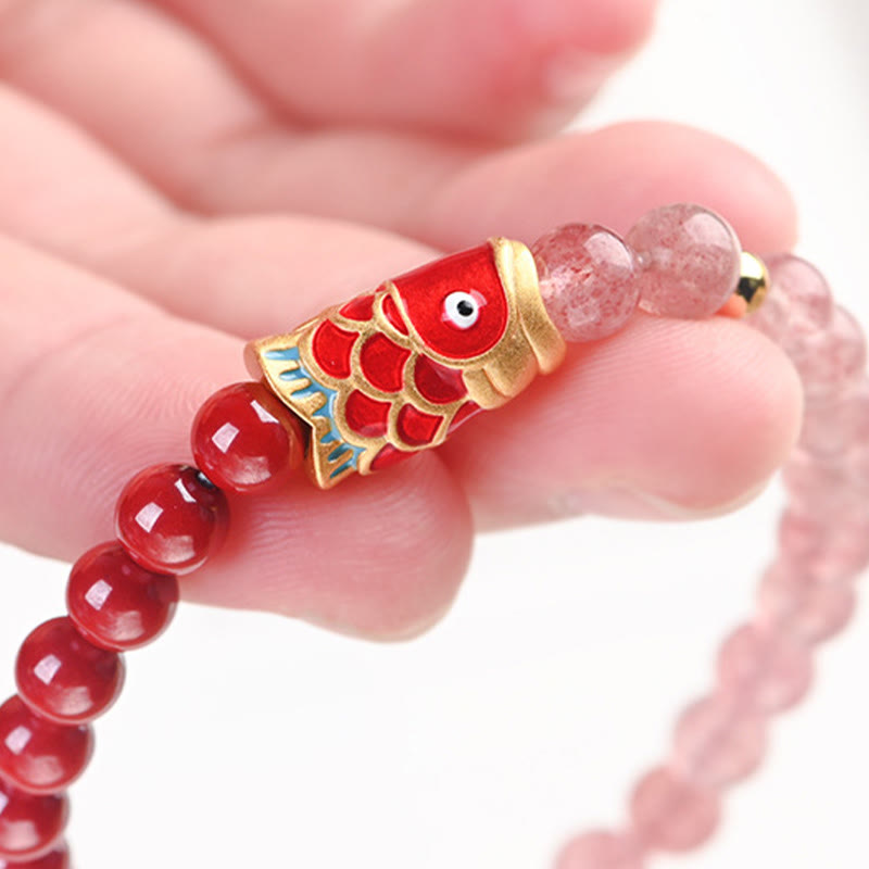 Stone of buddha Natural Strawberry Quartz Cinnabar Lucky Koi Fish Healing Bracelet