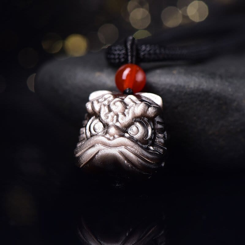 Stone of buddha Natural Silver Sheen Obsidian Dancing Lion Protection Necklace Pendant