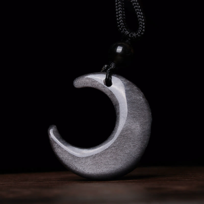Stone of buddha Natural Silver Sheen Obsidian Selenite Crystal Crescent Moon Yin Yang Couple Protection Necklace Pendant