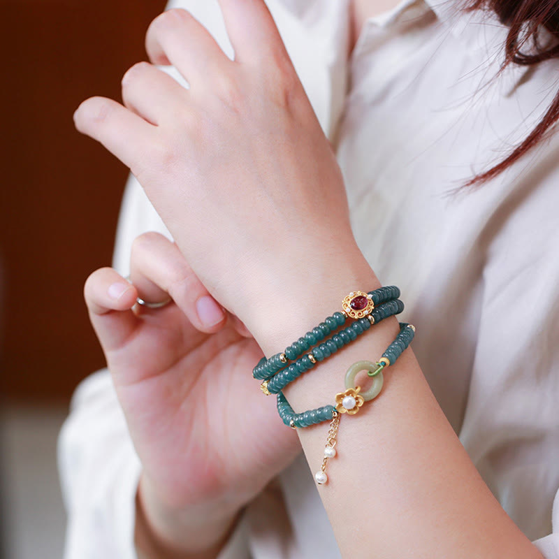 Stone of buddha 925 Sterling Silver Gold Plated Cyan Jade Flower Peace Buckle Success Triple Wrap Bracelet