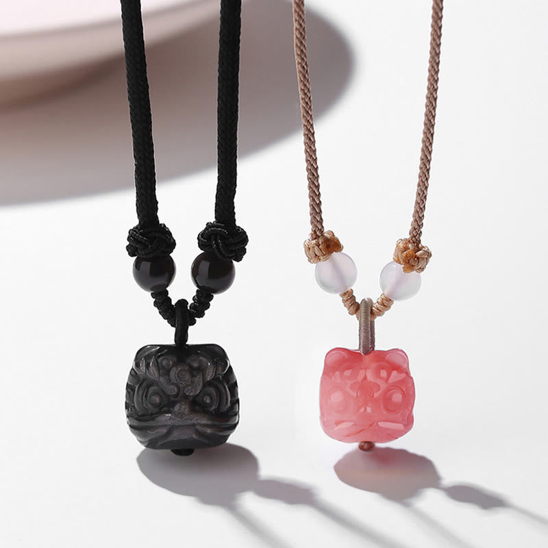 Stone of buddha Natural Silver Sheen Obsidian Red Agate Dancing Lion Protection Necklace Pendant