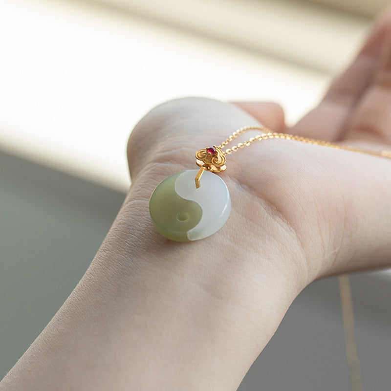 Stone of buddha Yin Yang Jade 18K Gold Luck Prosperity Necklace Pendant