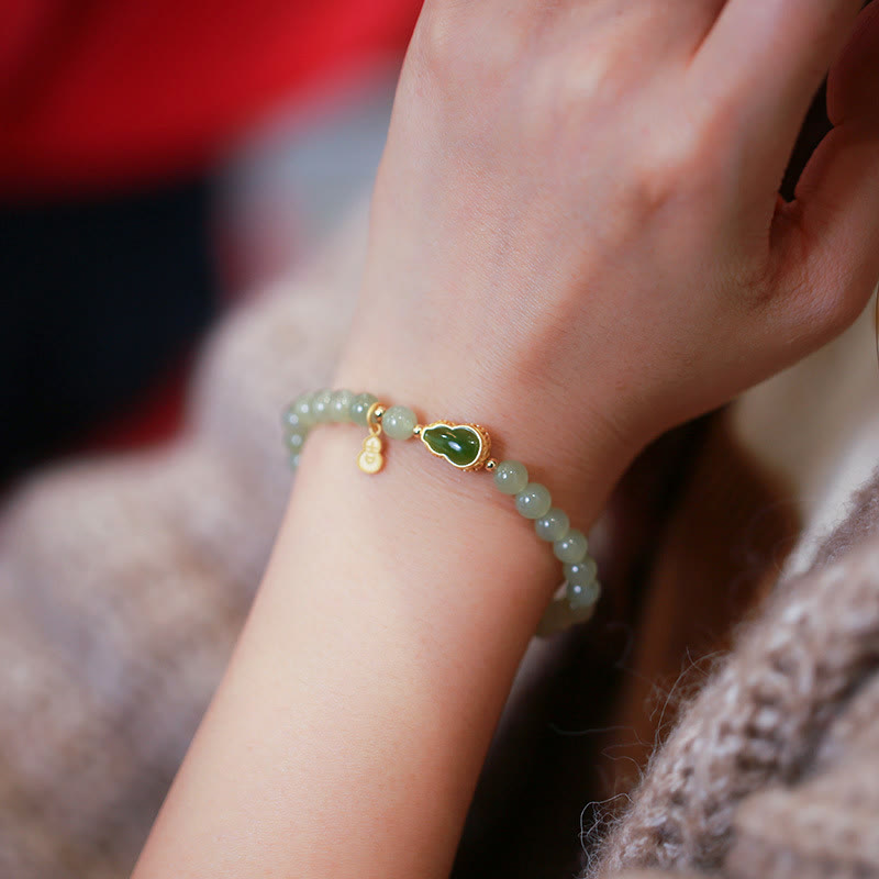 Stone of buddha 925 Sterling Silver Plated Gold Natural Hetian Jade Bead Gourd Lotus Bamboo Fu Character Luck Bracelet