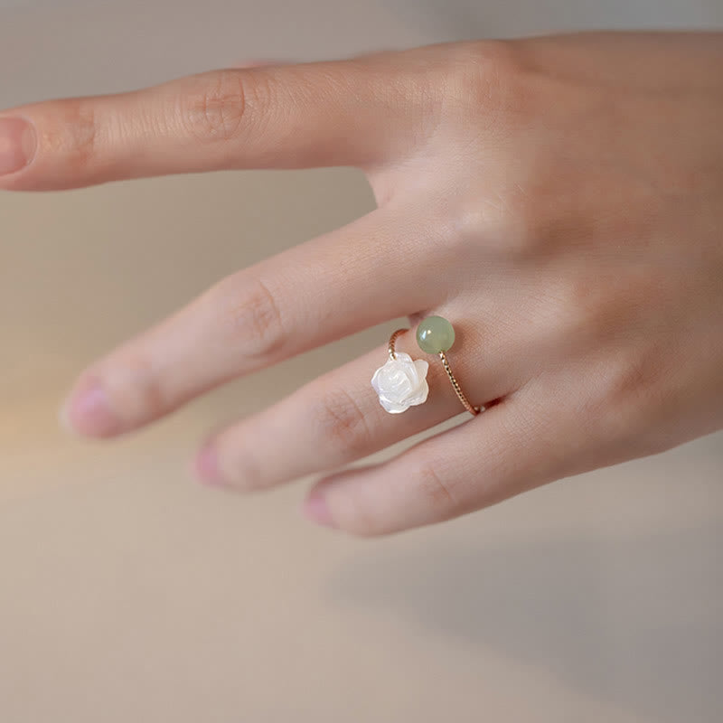 Stone of buddha 14K Gold Plated Tridacna Stone Rose Flower Jade Bead Blessing Ring