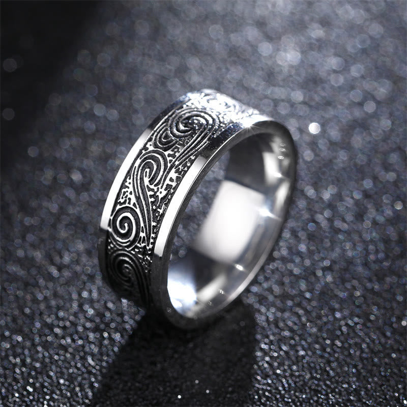 Stone of buddha Vintage Wave Auspicious Clouds Engraved Pattern Titanium Steel Balance Ring