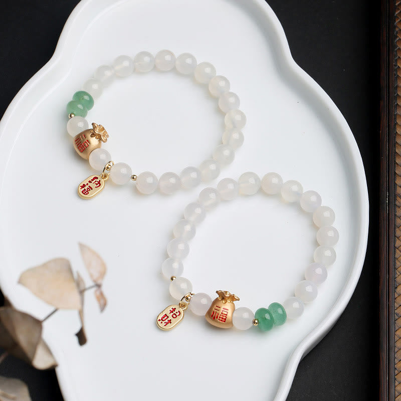 Stone of buddha Natural White Agate Red Agate Money Bag Fu Character Four Leaf Clover Protection Bracelet