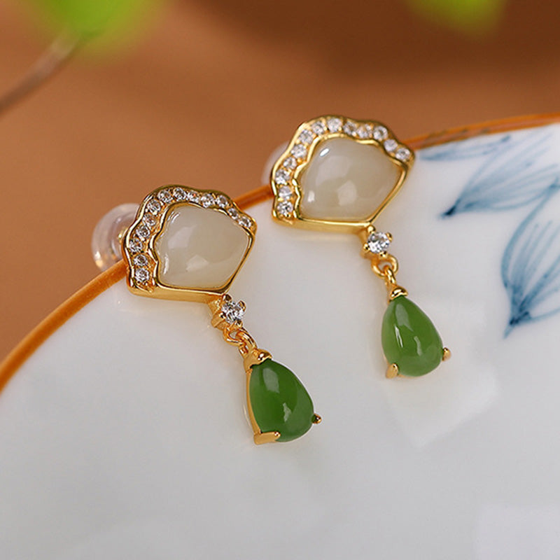 Stone of buddha White Jade Cyan Jade Fan Water Drop Pattern Luck Drop Earrings