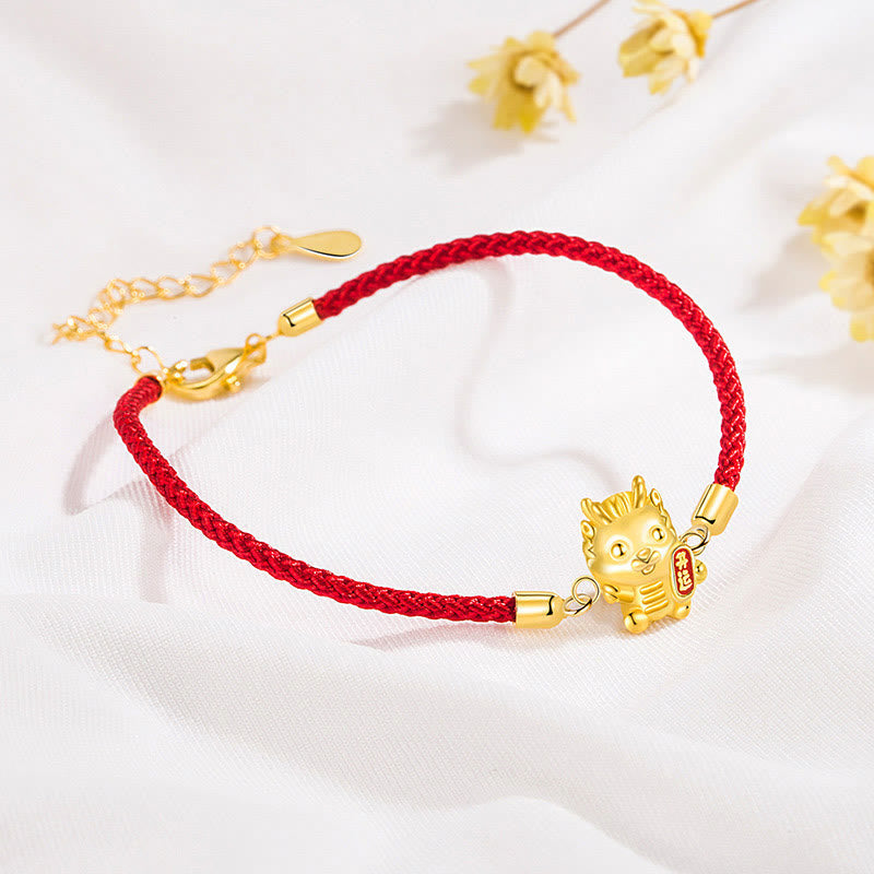 Stone of buddha 925 Sterling Silver Year Of The Dragon Lucky Golden Dragon Strength Red Rope Chain Bracelet