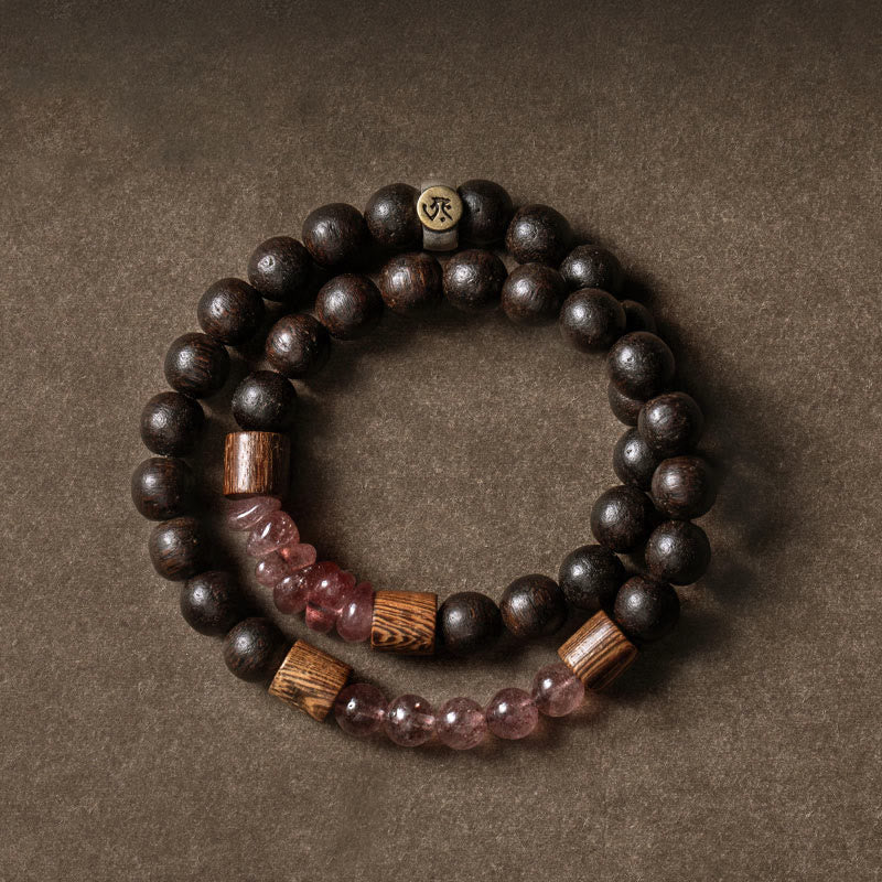 Stone of buddha 925 Sterling Silver Chinese Zodiac Natal Buddha Agarwood Strawberry Quartz Peace Double Wrap Bracelet