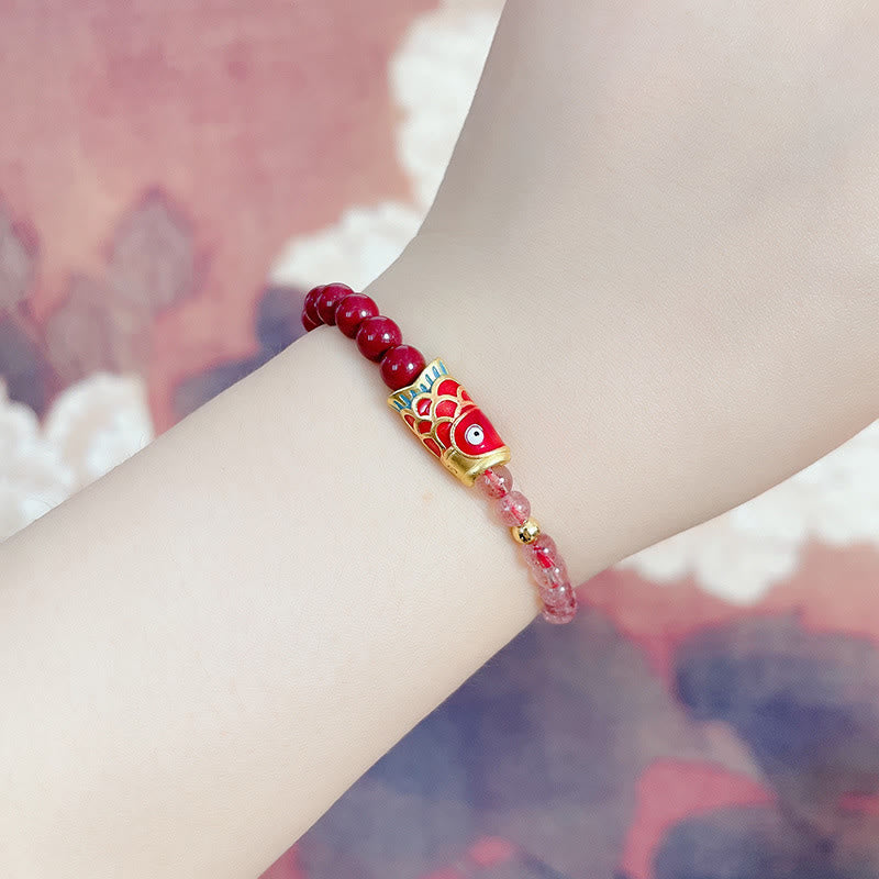 Stone of buddha Natural Strawberry Quartz Cinnabar Lucky Koi Fish Healing Bracelet