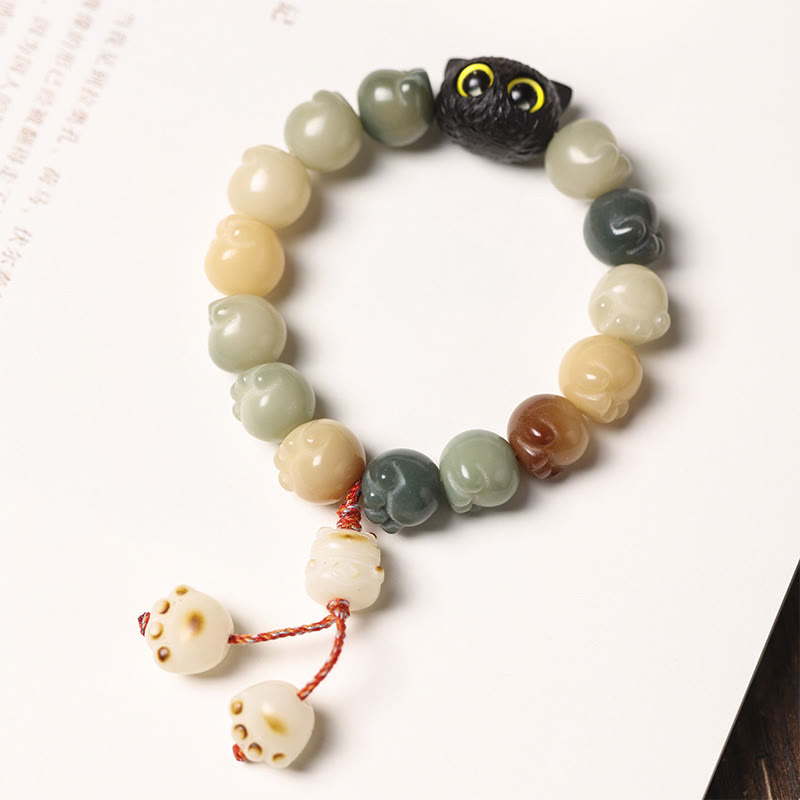 Stone of buddha Natural Bodhi Seed Lovely Paw Ebony Wood Lucky Cat Wisdom Bracelet