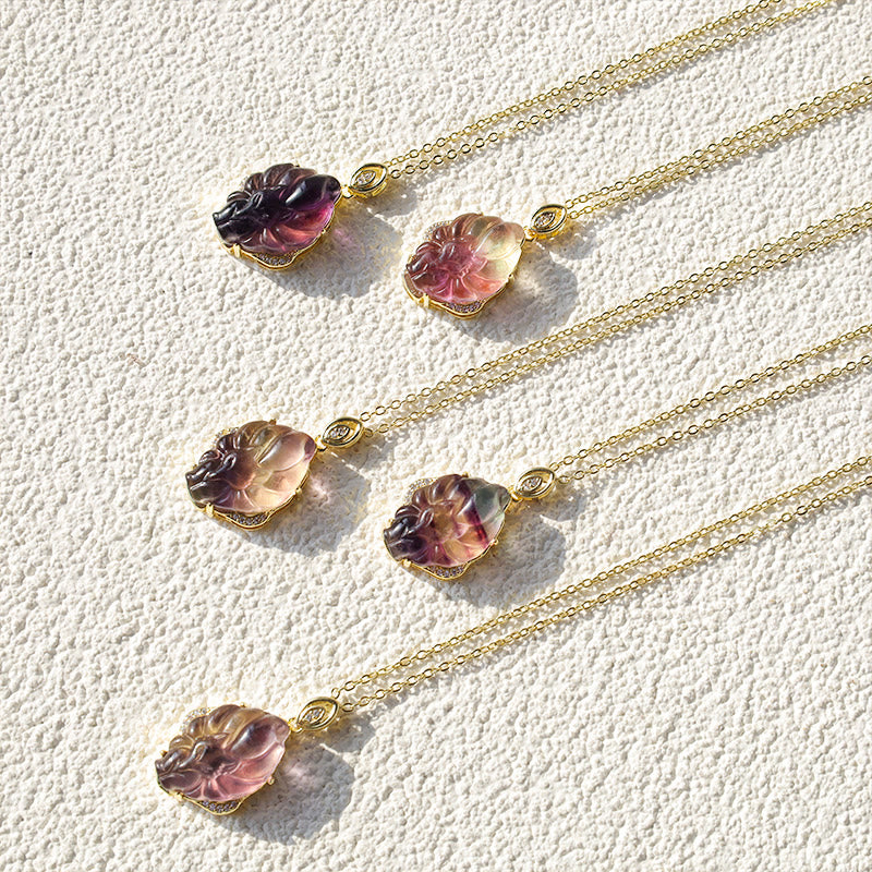 Stone of buddha Natural Colorful Fluorite Nine-Tailed Fox Protection Necklace Pendant