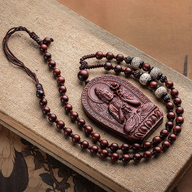 Stone of buddha Chinese Zodiac Natal Buddha Small Leaf Red Sandalwood Lotus Protection Necklace Pendant