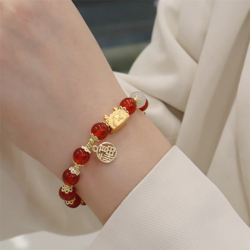 Stone of buddha Year Of The Dragon Red Agate Strawberry Quartz Black Obsidian Jade Garnet Pearl Cinnabar Dumpling Dragon Luck Fu Character Bracelet