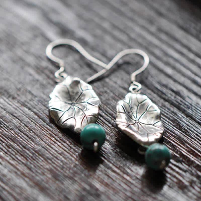 Stone of buddha 925 Sterling Silver Turquoise Lotus Leaf Protection Drop Dangle Earrings