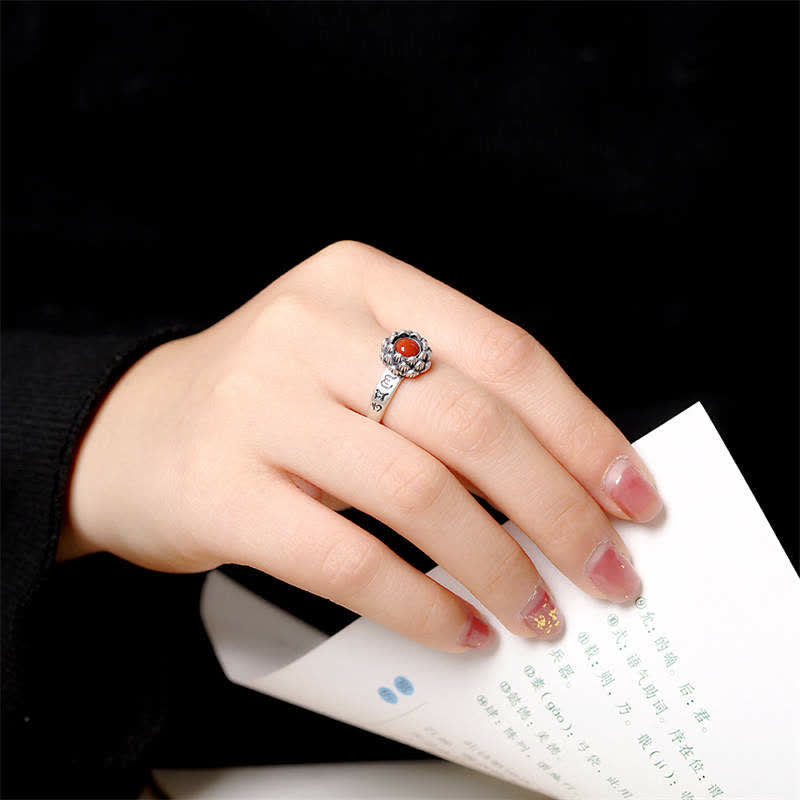 Stone of buddha925 Sterling Silver Lotus Red Agate Confidence Blessing Ring