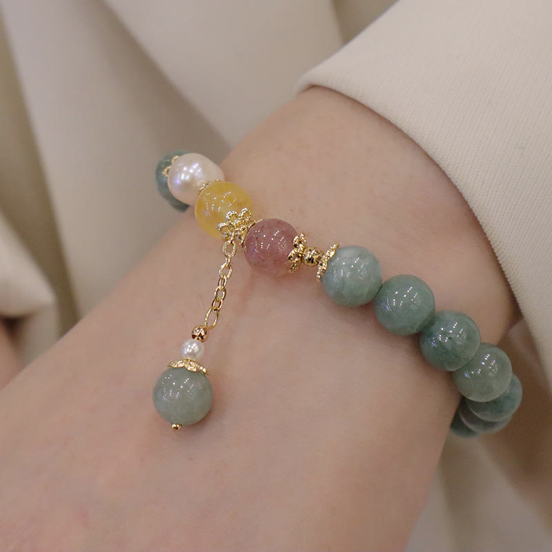 Stone of buddha Jade Pearl Strawberry Quartz Abundance Luck Bead Charm Bracelet